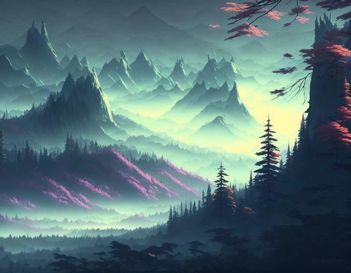 Layered mountain ranges, misty forest, and glowing valley scenery.