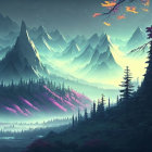 Layered mountain ranges, misty forest, and glowing valley scenery.