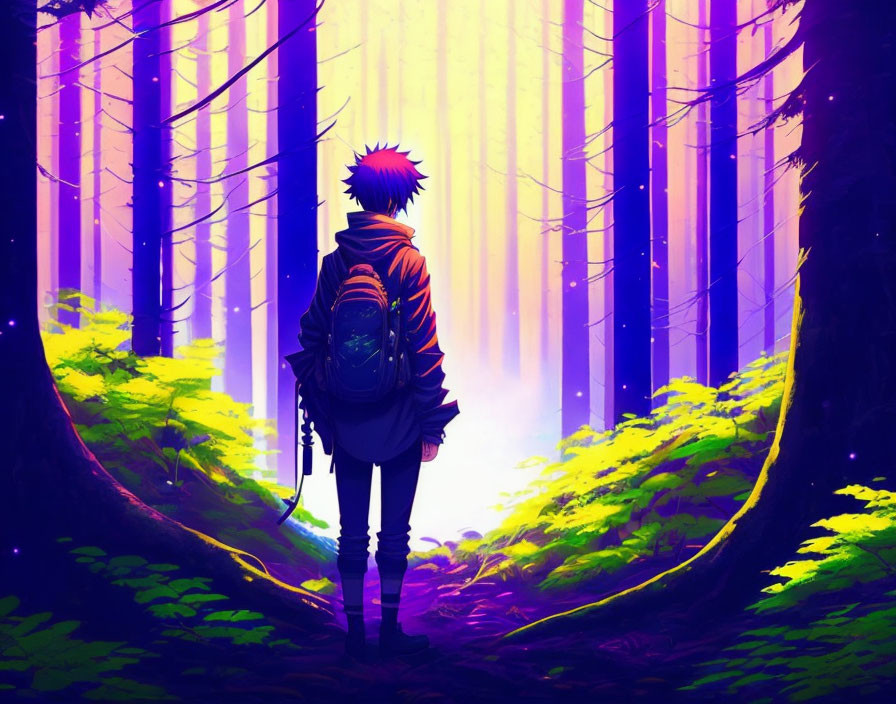 Spiky-haired person gazes at misty, vibrant forest