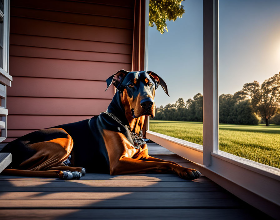 Doberman dog with chain collar on porch at sunset