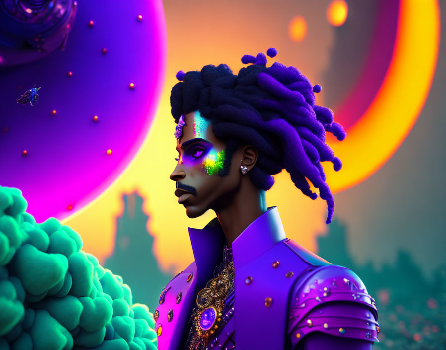 Vibrant purple 3D person with blue hair in surreal moonscape