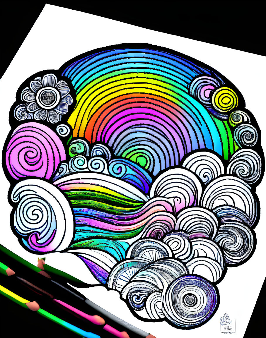 Colorful Rainbow Drawing with Clouds, Flowers, and Colored Pencils