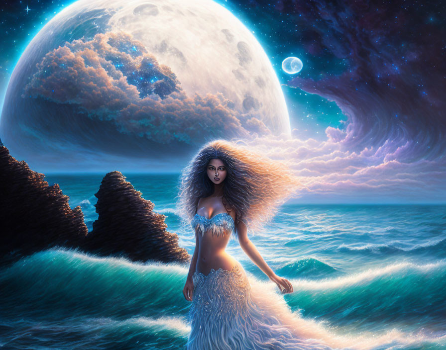 Mystical woman with flowing hair under night sky by the sea