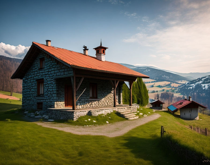 Stone house with red roof in lush green countryside