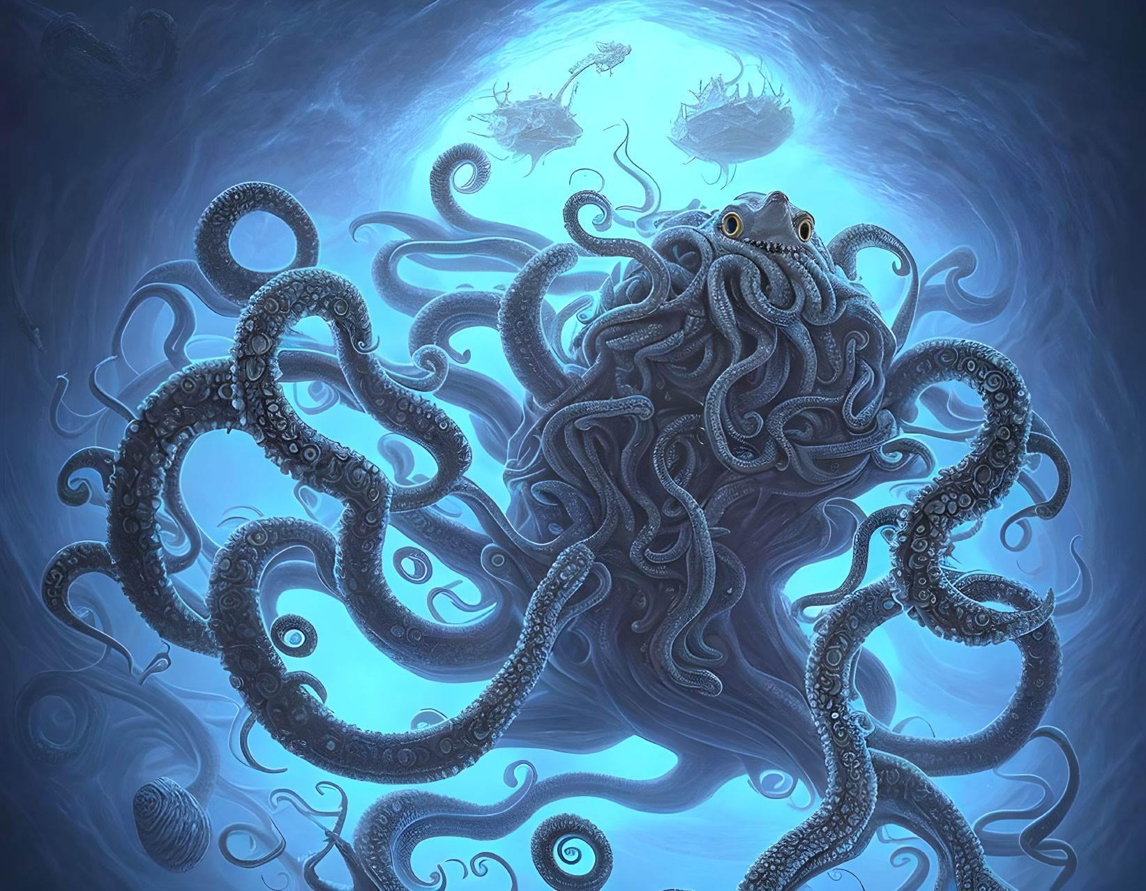 Giant octopus and marine creatures in mystical blue light