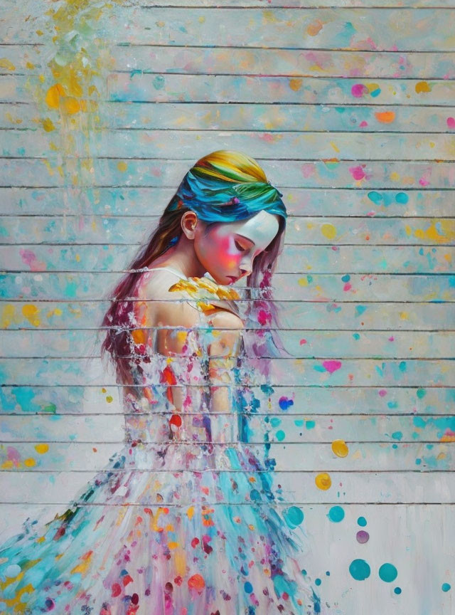 Colorful painting of girl with streaked hair and vibrant dress on splattered backdrop