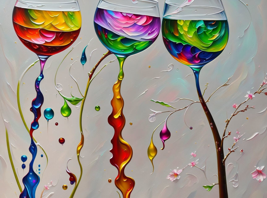 Vibrant abstract tree formed by colorful liquid splashing from wine glasses