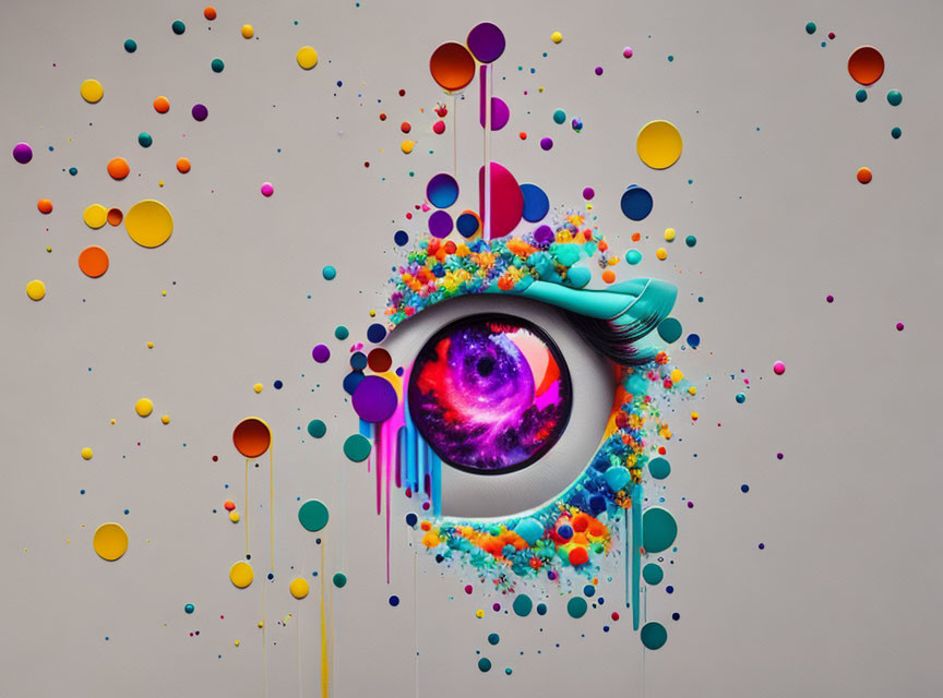 Colorful eye digital artwork with splashes and spheres on neutral backdrop