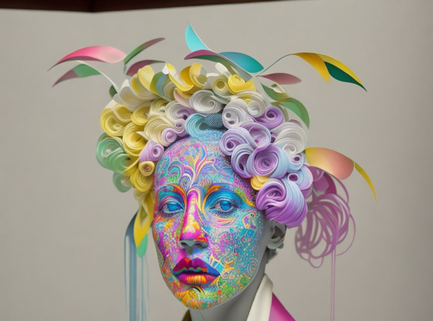 Vibrant paper quilling designs on person's head portrait