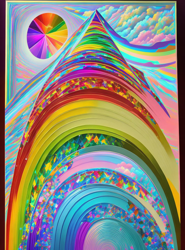 Colorful Digital Artwork: Concentric Circles, Arches, Rainbow Colors, Cloud and Sky