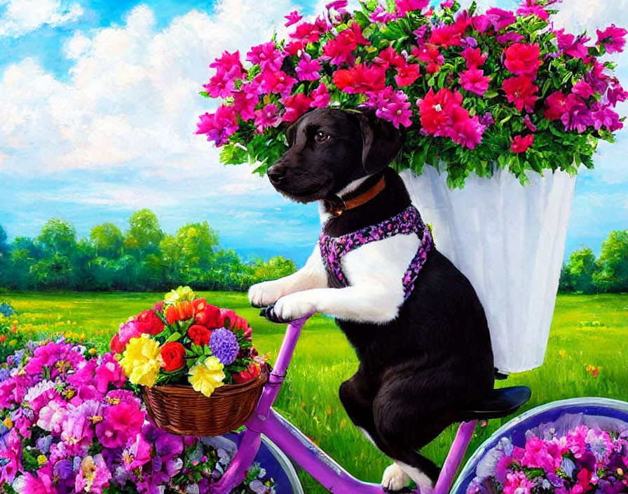 Black and white dog on purple bicycle in vibrant meadow