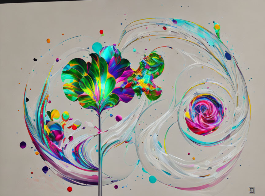 Colorful Abstract Painting with Swirling Patterns and Central Multicolored Splash