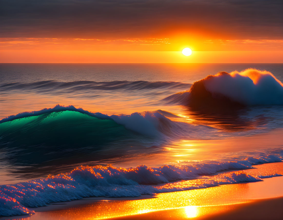 Vibrant sunset over ocean waves and silhouettes on shore