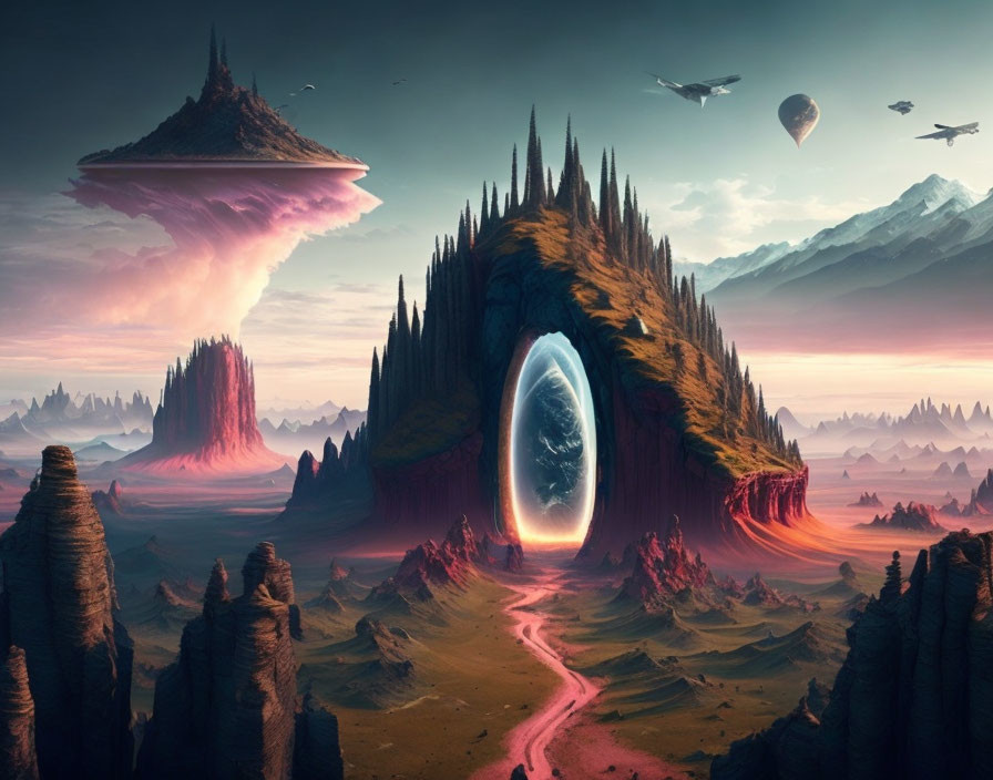 Surreal landscape with spire-like formations, glowing portal, floating islands, and futuristic ships.