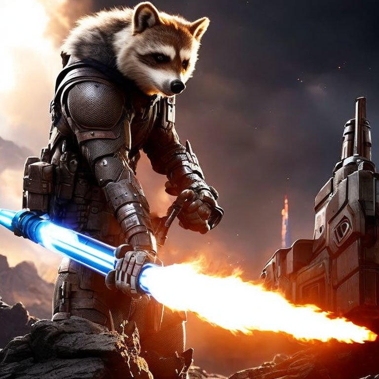 Futuristic warrior raccoon with flaming sword on smoky battlefield