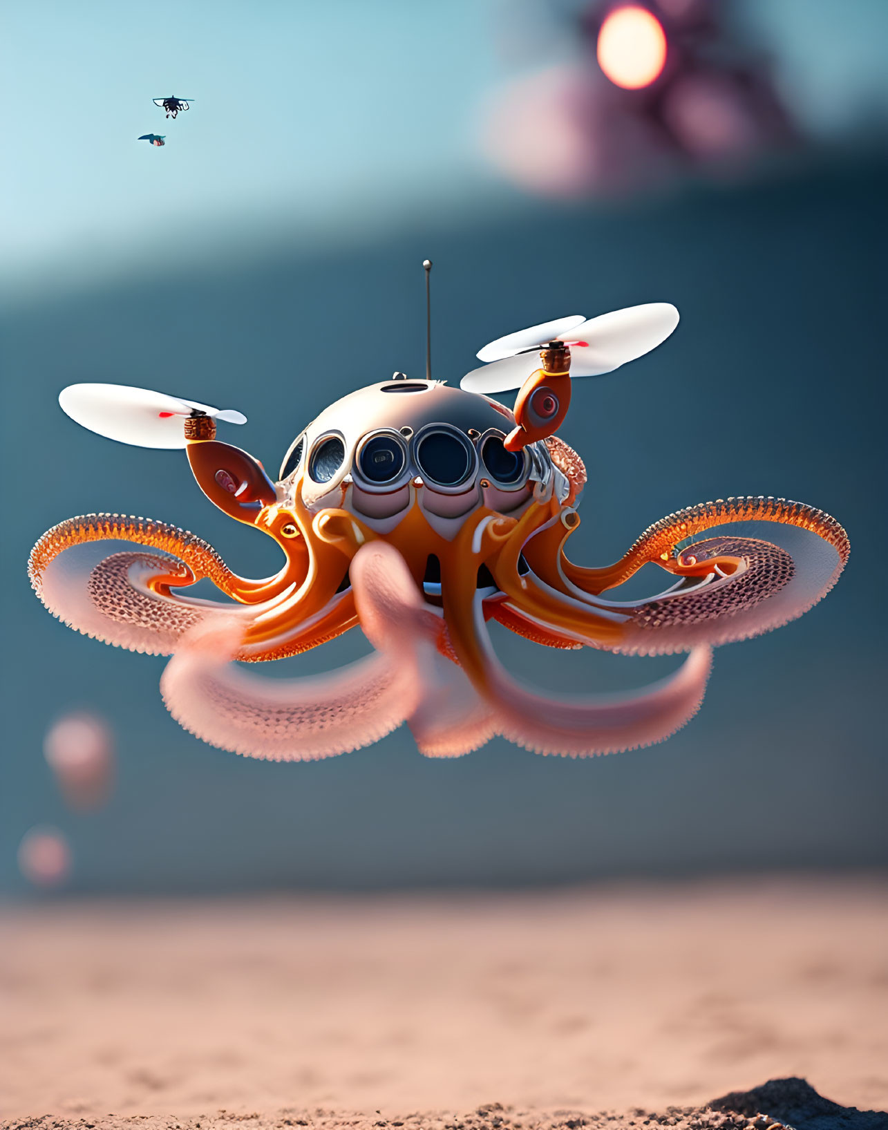 Octopus-shaped Drone with Multiple Propellers in Clear Blue Sky