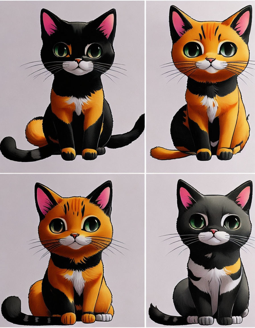 Four adorable cats with big eyes in different colors sitting and gazing forward