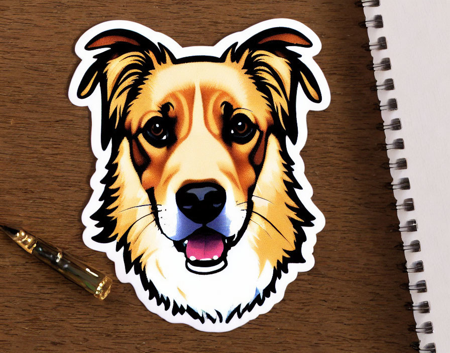 Cartoon dog face sticker on wooden surface with pen and notebook