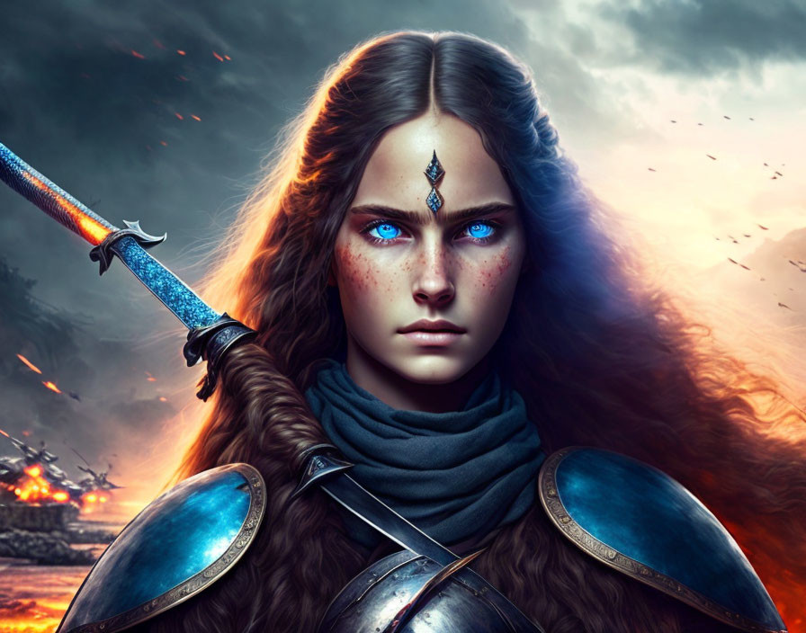 Digital artwork of fierce female warrior with blue eyes and sword in armor on fiery battlefield