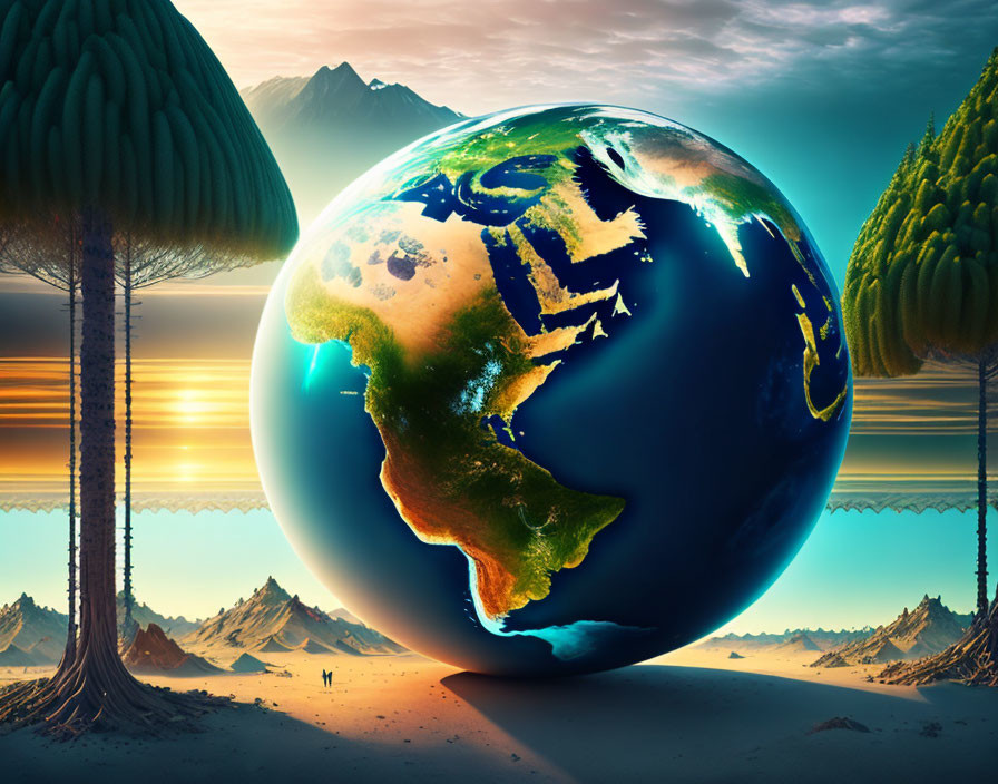 Surreal landscape with oversized Earth globe, tall trees, striped sky, mountains, and lone figure