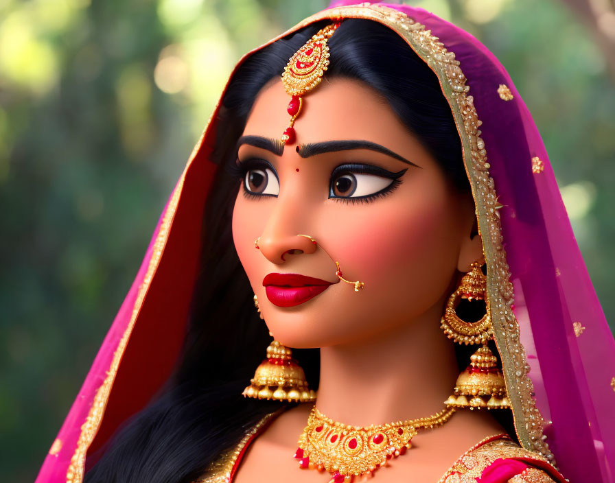 Traditional Indian attire portrait with red bindi, nose ring, and pink veil