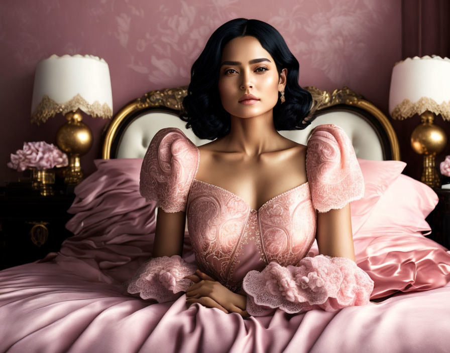 Woman in Pink Dress on Bed with Vintage Lamps in Luxurious Setting