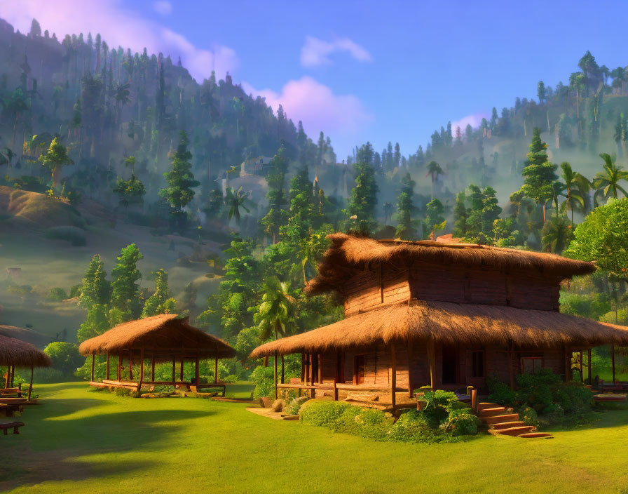 Tranquil valley with lush green scenery and traditional thatched-roof huts