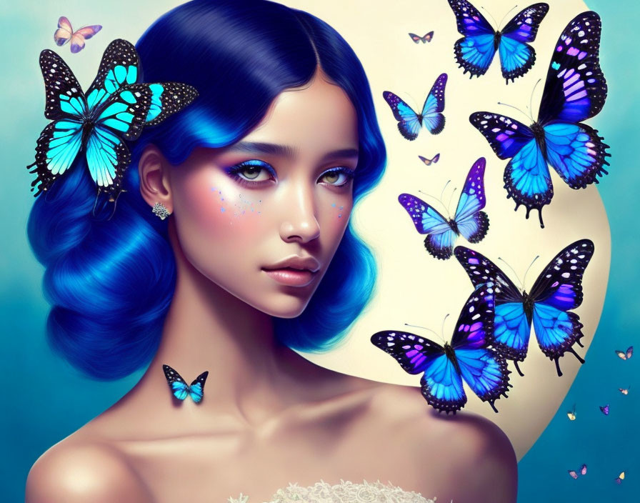 Blue-haired woman with butterflies on teal background