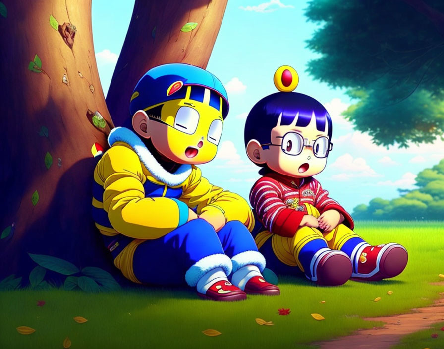 Vibrant landscape with two animated children under a tree