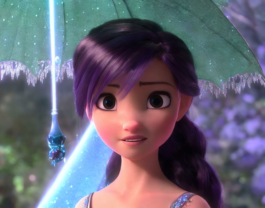 Close-up: Animated girl with purple hair holding green umbrella in enchanted forest