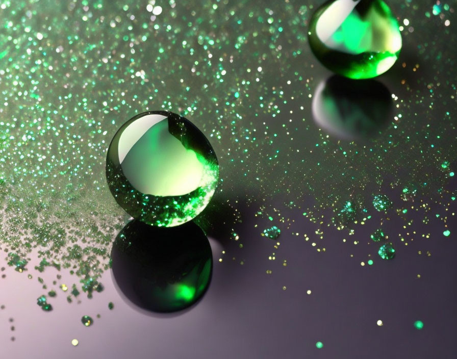 Green droplets on shiny surface with scattered glitter particles