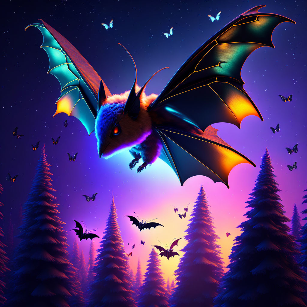 Colorful mythical bat flying over forest under starry night sky