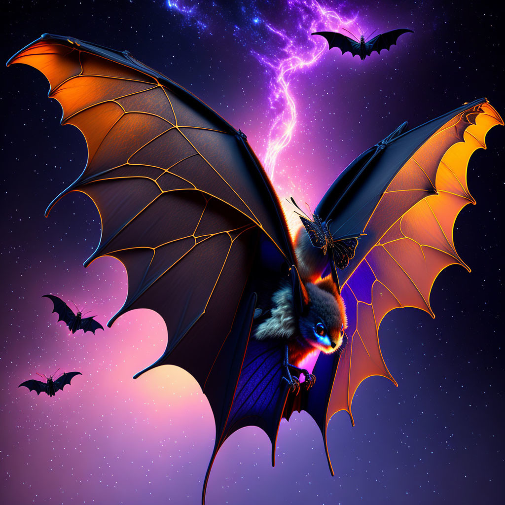 Fantasy bats with fiery orange wings in starry night sky