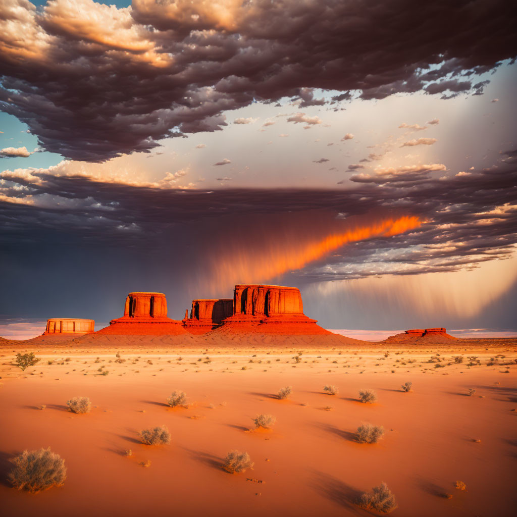 Vivid orange rock formations under dramatic desert sky