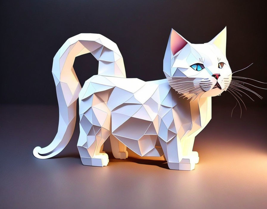 White Cat with Blue Eyes 3D Paper Model on Warm Background