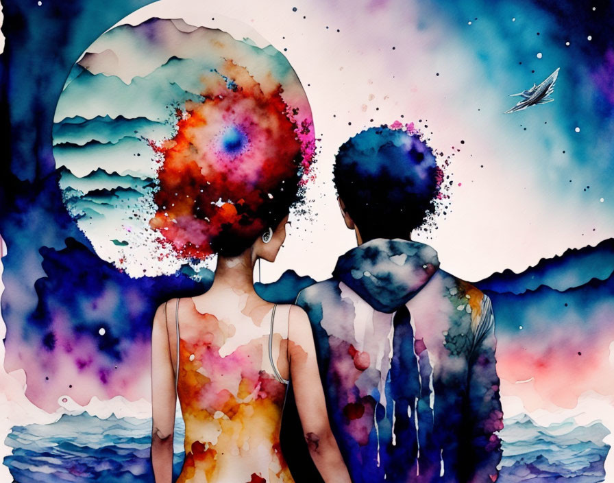 Silhouetted figures with watercolor cosmos against abstract background