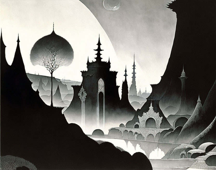 Monochromatic fantasy landscape with stylistic trees and castles under crescent moon