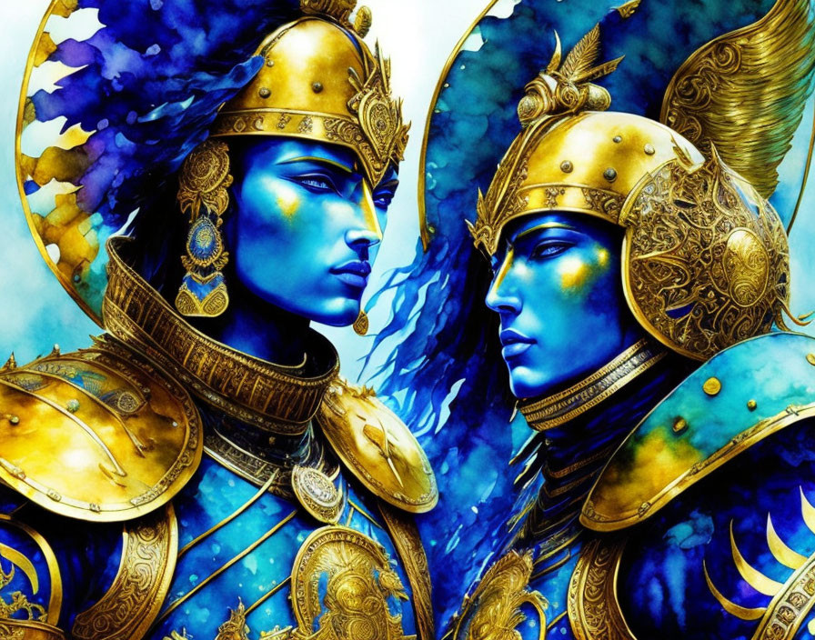 Blue-skinned figures in golden armor against floral backdrop