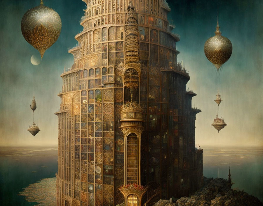 Intricate fantasy tower with floating orbs in dramatic sky