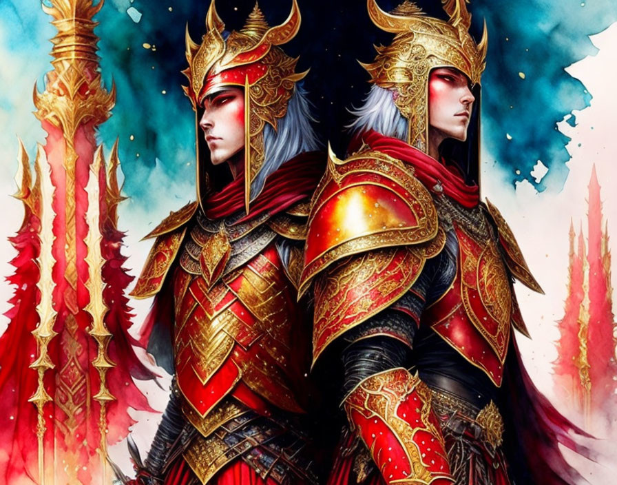 Two armored fantasy warriors in red and gold armor with banners and spears.