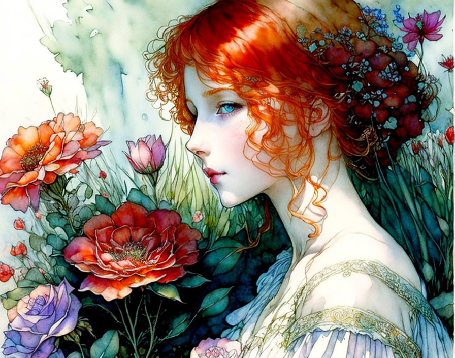 Red-haired woman surrounded by vibrant flowers in dreamy illustration