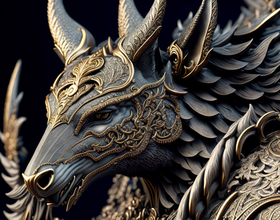 Metallic wolf mask with gold details and fur texture on dark background