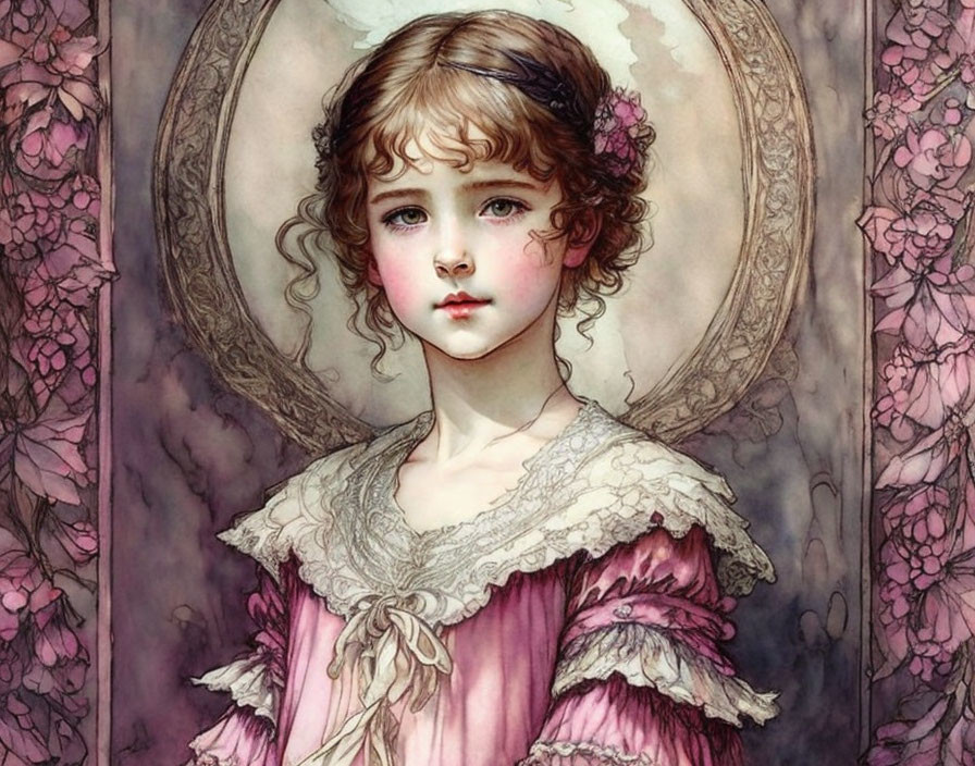 Young girl with rosy cheeks and curly hair in pink dress with lace collar, surrounded by floral designs