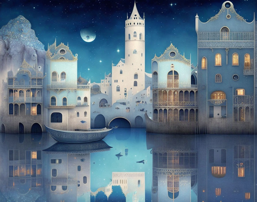 Whimsical cityscape at night with ornate buildings, river, boat, starry sky