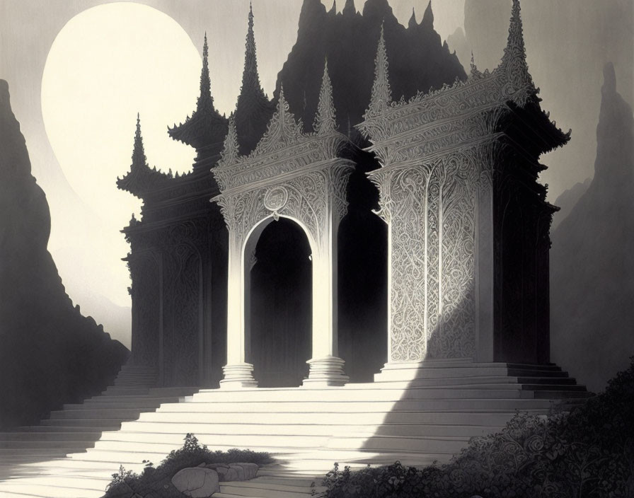 Monochrome illustration of ornate architectural structures against moonlit forest.