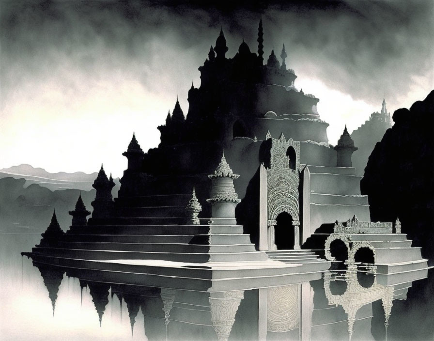 Fantastical monochrome palace with spires, mountains, and misty skies