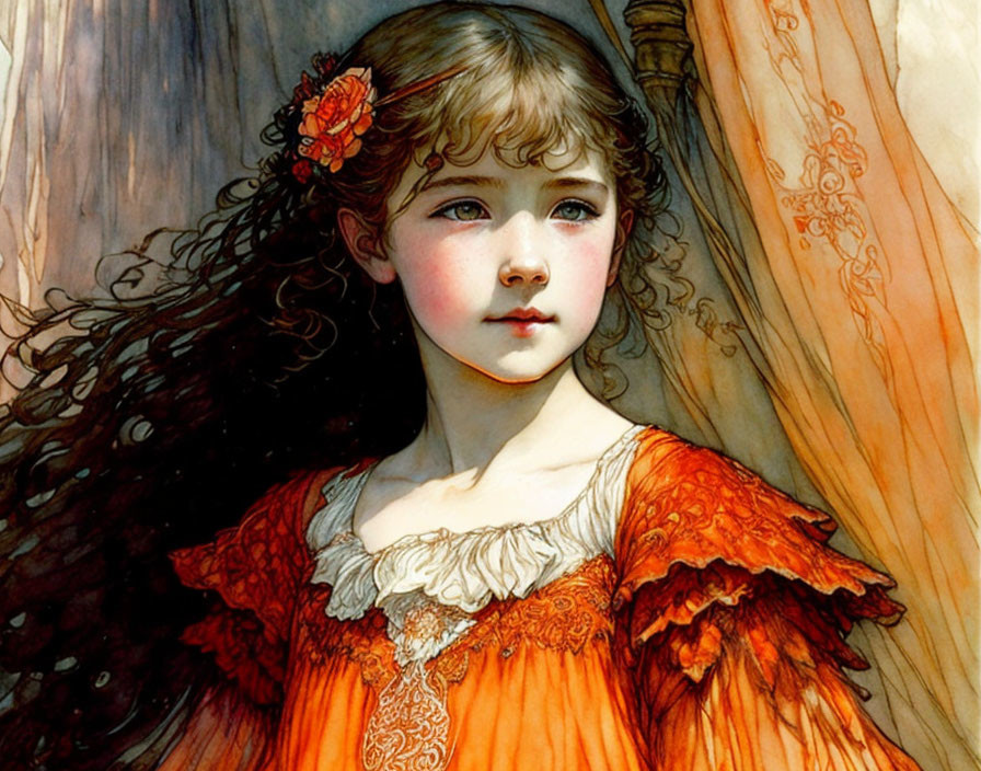 Detailed illustration of young girl with curly brown hair in orange lace dress