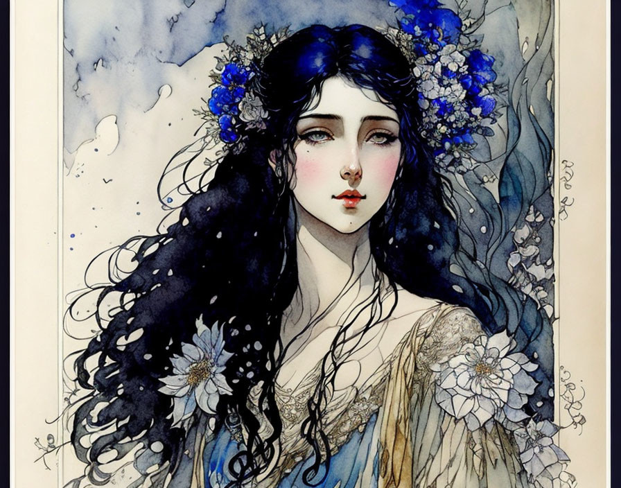 Illustration of woman with dark hair, blue flowers, wistful expression, blue & white attire