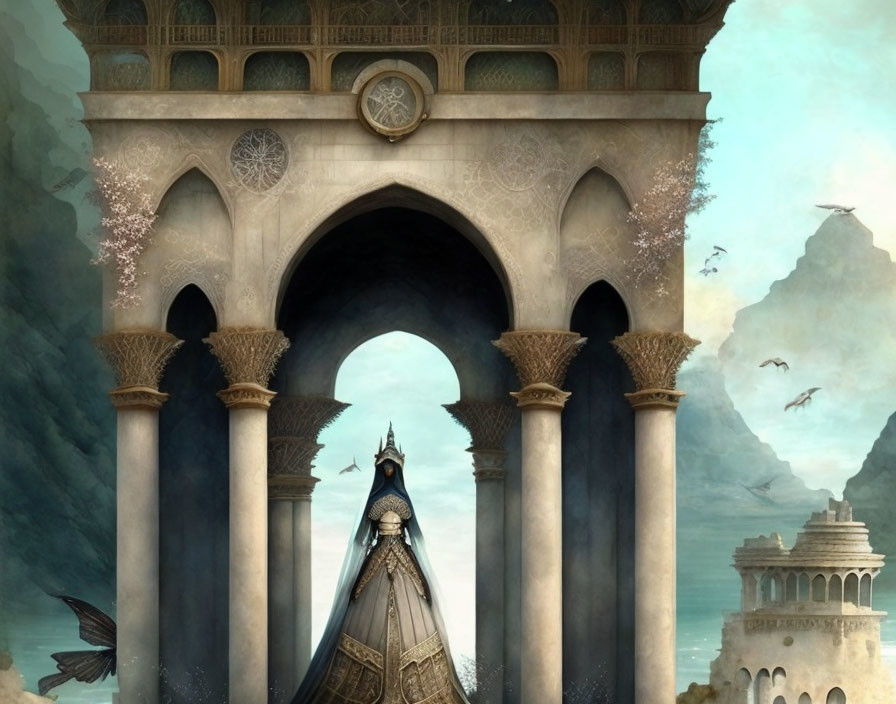 Fantastical scene with ornate archway, cloaked figure, birds, and ethereal towers