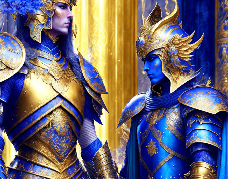 Fantasy characters in ornate blue and gold armor standing together